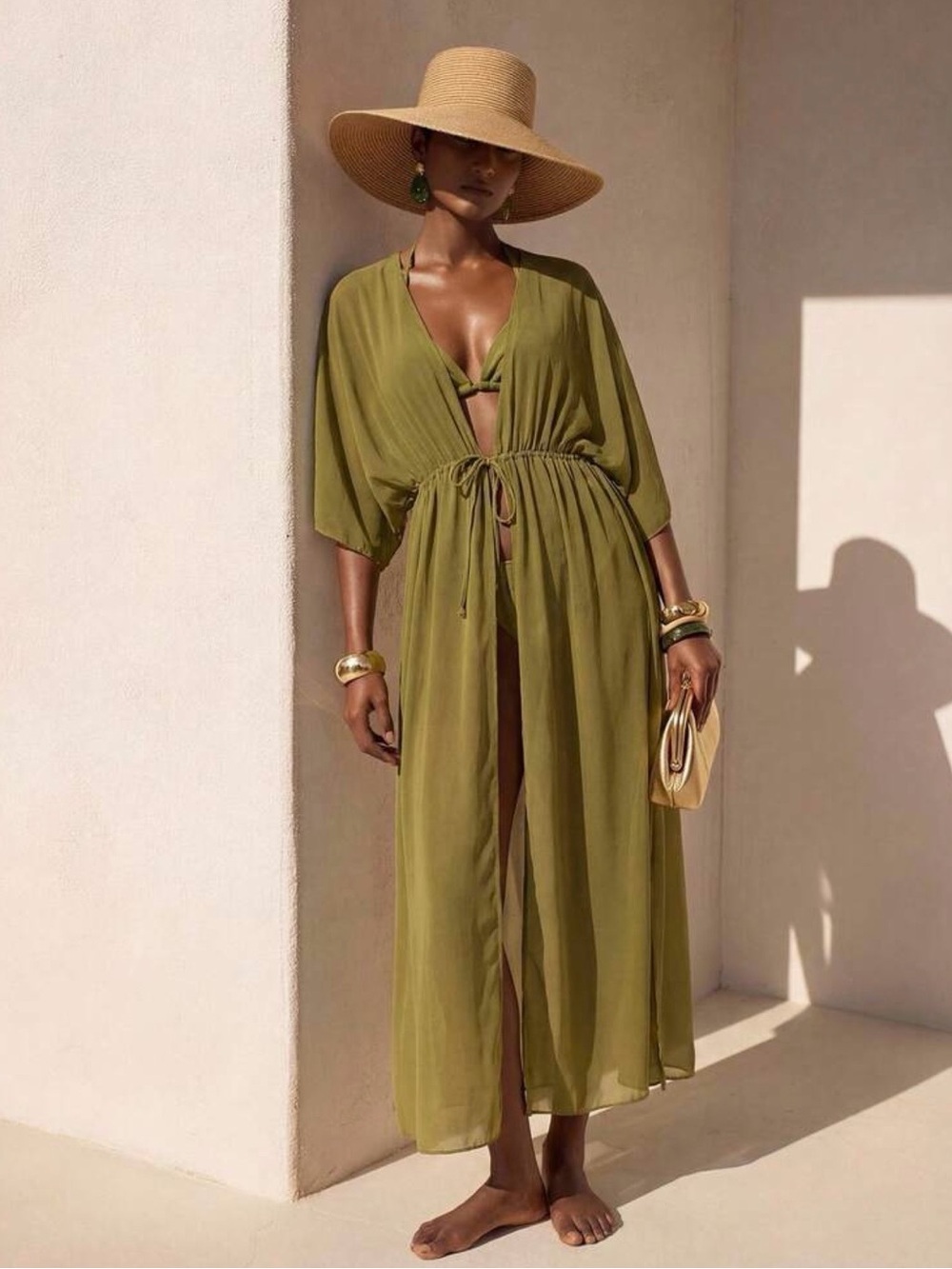Olive Green Chiffon Maxi kimono Swim Cover Up S Resort Beach vacation flowy - Picture 3 of 12